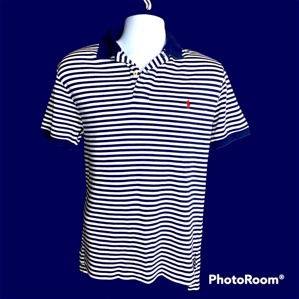 Polo Ralph Lauren Mens Polo Shirt Small Blue White Striped With Red Logo